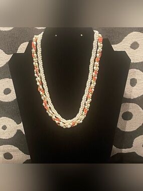 🎉Multi-Strand Pearl and Coral Bead Necklace - White & Coral- 2 necklace stack..